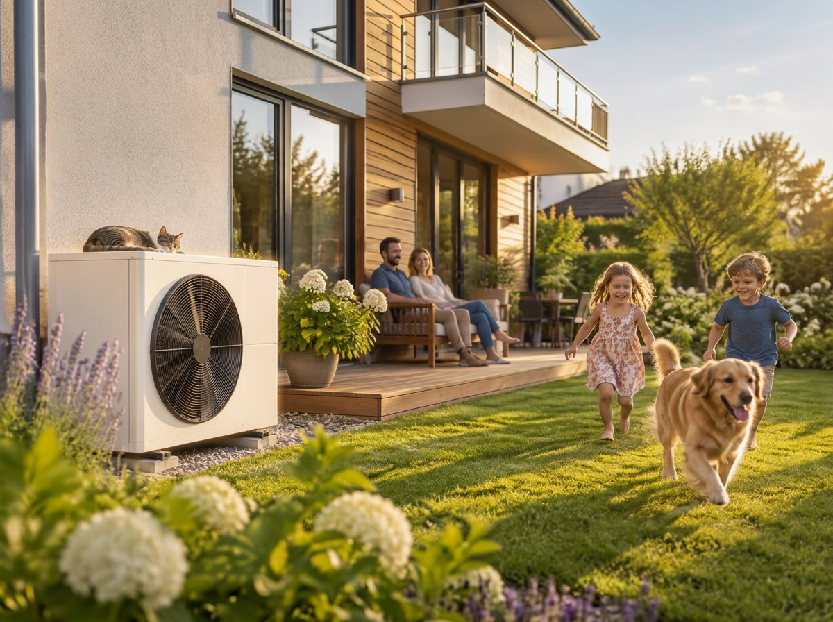 Familie im Garten vor einem modernen Haus mit Luft-Wasser-Wärmepumpe, Kinder laufen mit einem Golden Retriever